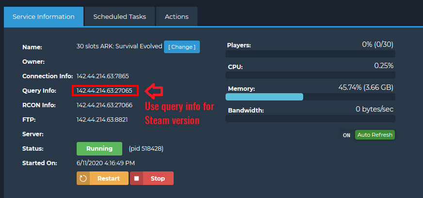 ARK server query info shown on the control panel's main page