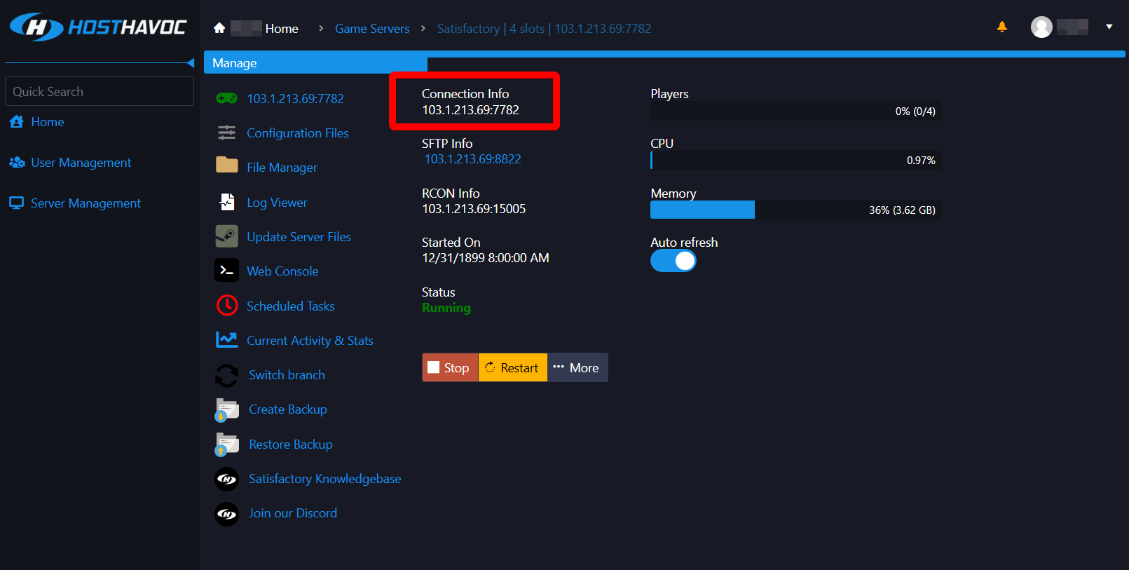 Satisfactory server dashboard showing Connection Info and Running status