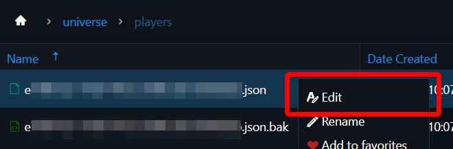 Bestandsbeheerder met de map universe players en meerdere json-spelersbestanden