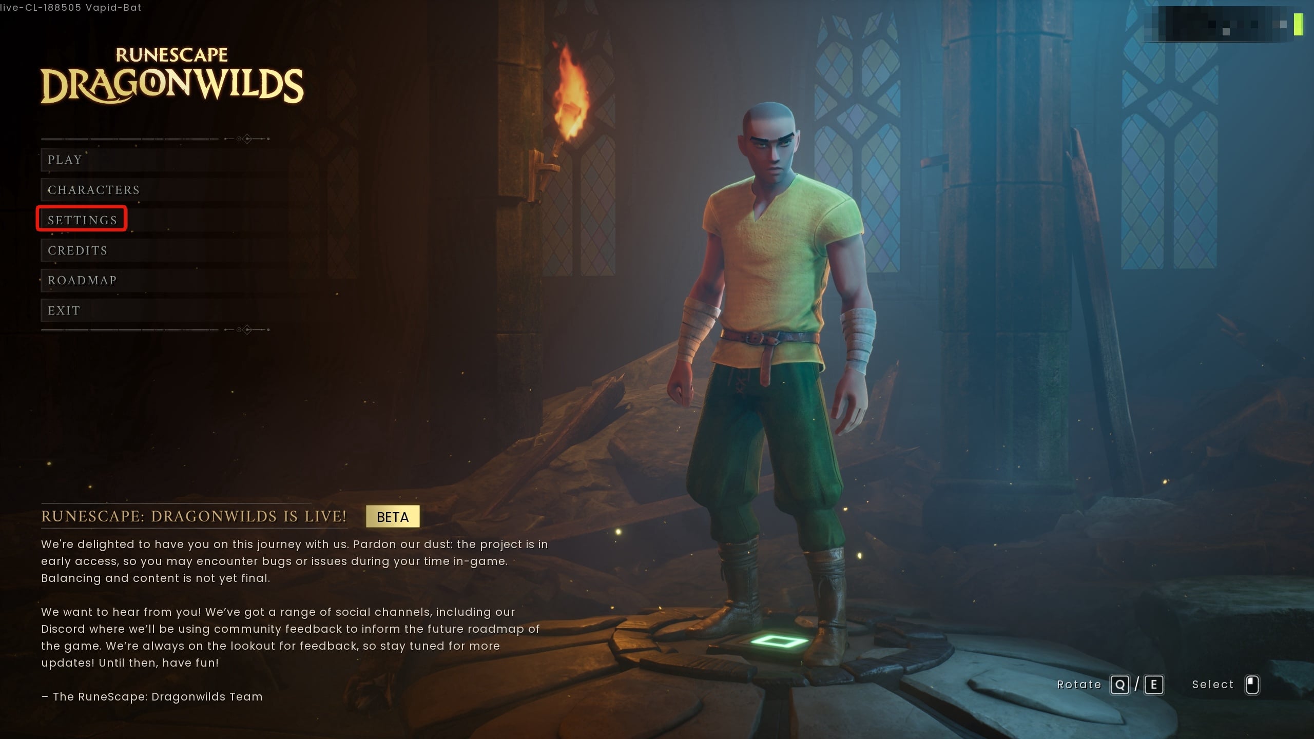 RuneScape Dragonwilds Settings menu option on the main screen