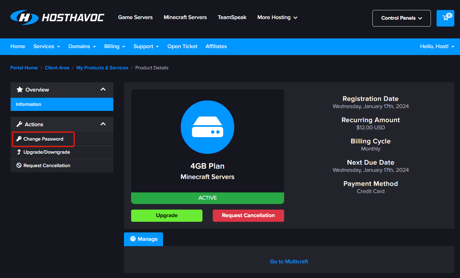 Billing service management page showing the Actions menu with Change Password option