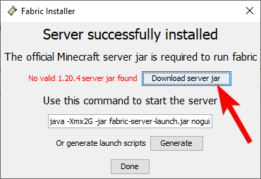 Fabric installer Server successfully installed confirmation with Download server jar button