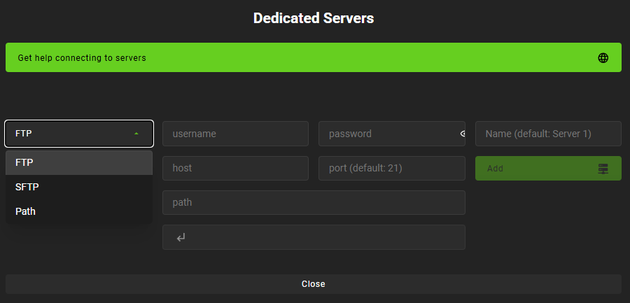 Formulário de entrada de credenciais SFTP no Satisfactory Mod Manager
