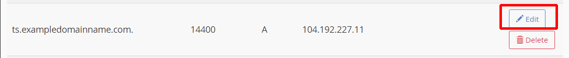 A-record voor het subdomein weergegeven in Zone Editor met de optie Edit