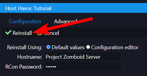Reinstall confirmation screen with Default values option selected