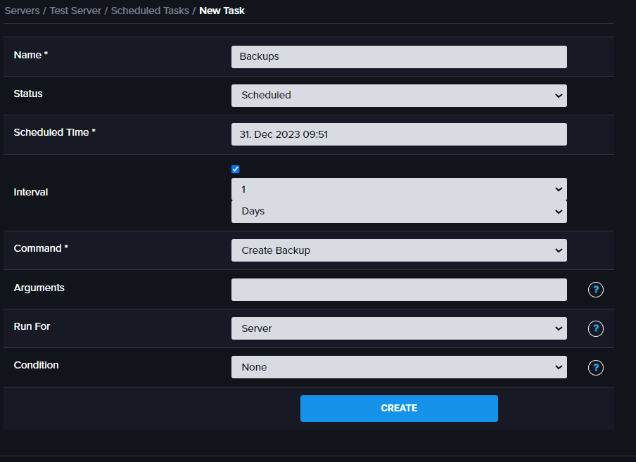 Multicraft Backup page showing a list of saved backups with Restore buttons