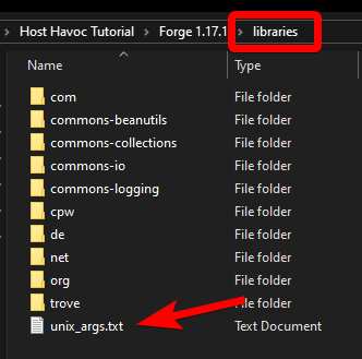 File Explorer showing unix_args.txt being copied from the ForgeVersion subfolder into the libraries folder