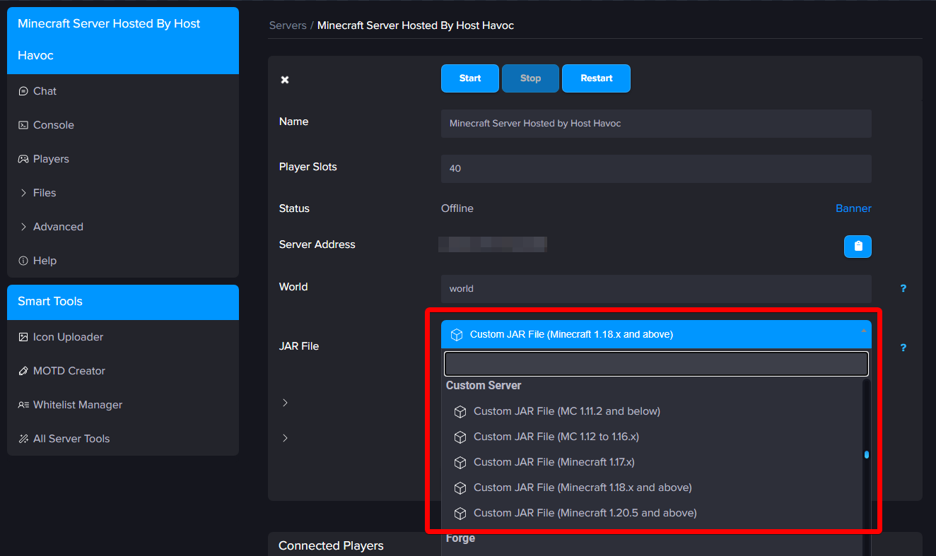 Multicraft JAR File dropdown showing Fabric-compatible JAR option selected