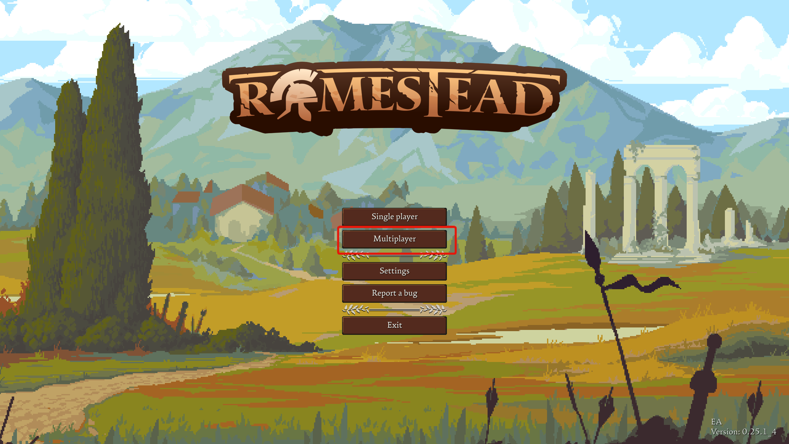 Romestead main menu with the Multiplayer button highlighted