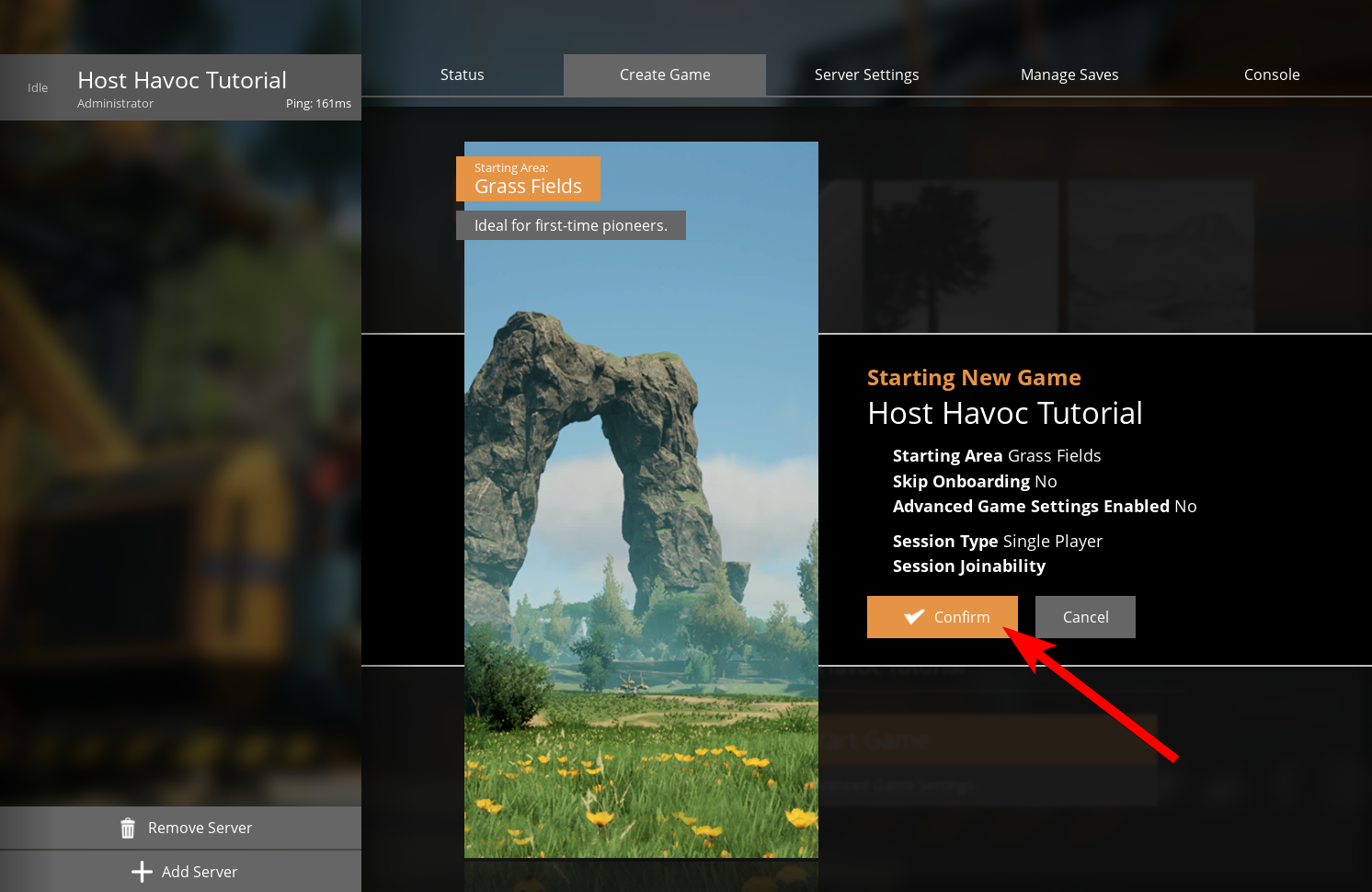 Server configuration confirmation screen with Confirm button