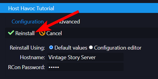 Reinstall confirmation dialog with Default values option selected