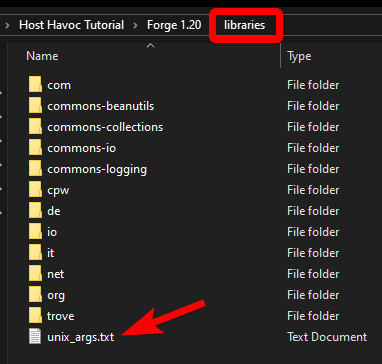 File Explorer showing unix_args.txt being copied into the libraries folder for Forge 1.18