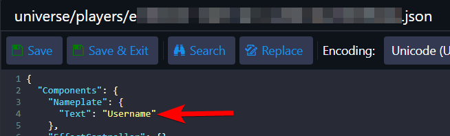 Json-spelersbestand geopend in de editor met de waarde Nameplate Text zichtbaar
