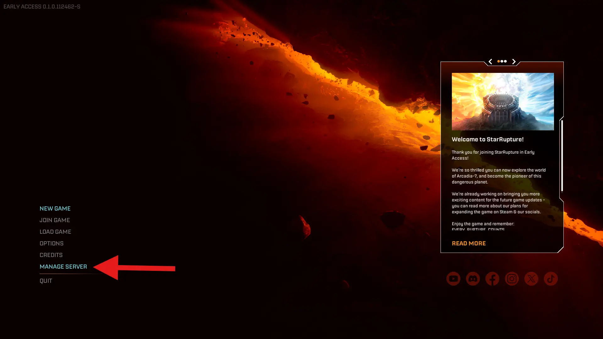 StarRupture game panel connection info showing the server IP and port under Connection Info
