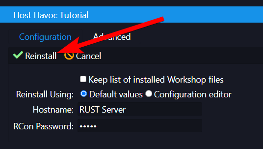 Reinstall confirmation dialog with Default values selected