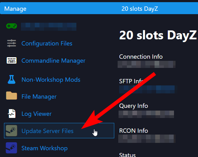 Update Server Files option on the game panel