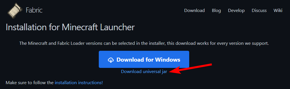 Fabric installer download page with Download universal jar button highlighted