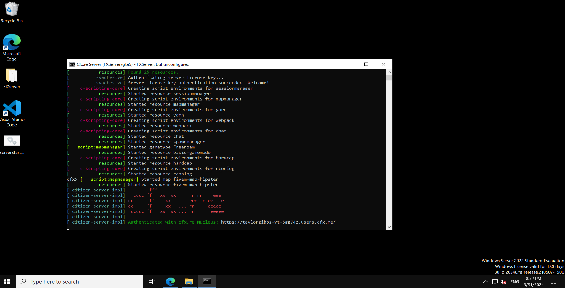 FiveM server console after a successful start