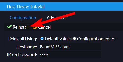 Reinstall confirmation dialog with Default values selected