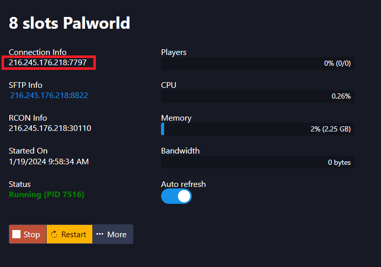Resumen del servidor de Palworld con la IP y el puerto en el panel de control del juego