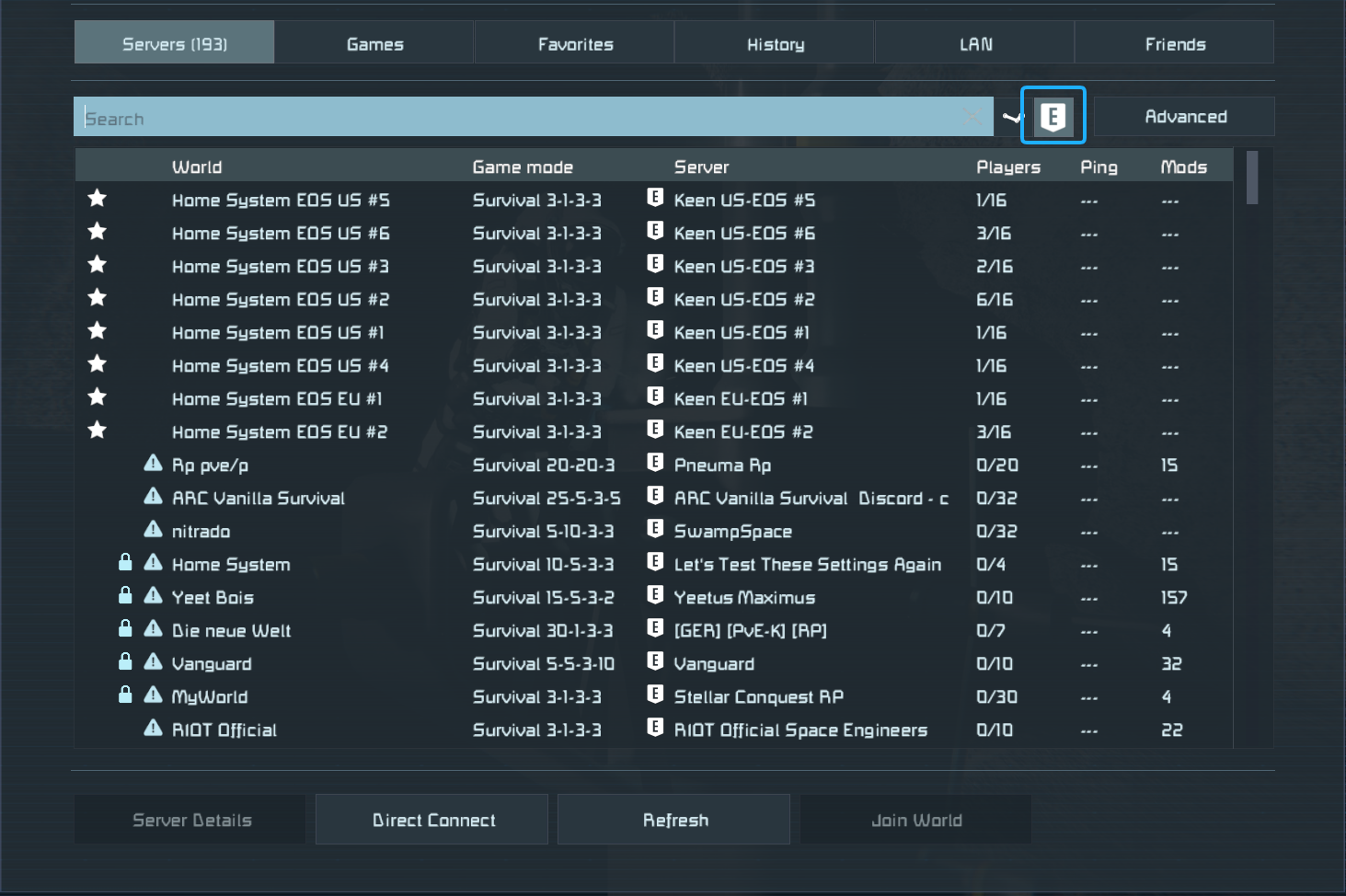 EOS filter in the Space Engineers server browser