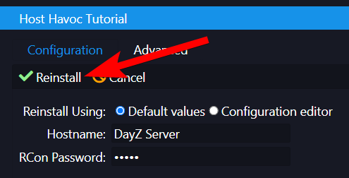 The reinstall confirmation dialog with the Reinstall button and Default values option