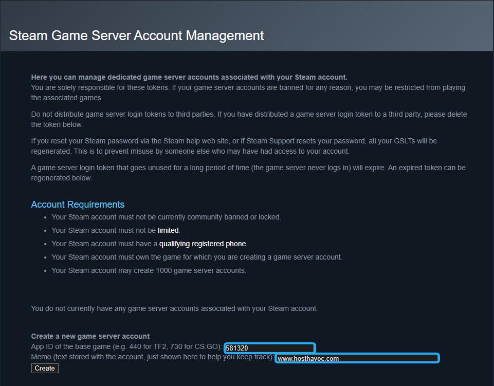 Steam Game Server Login Token-pagina met App ID 581320 ingevuld