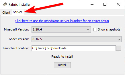 Fabric installer showing the Server tab selected