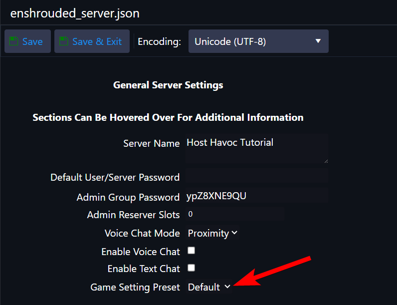 Game Setting Preset option in the Enshrouded config
