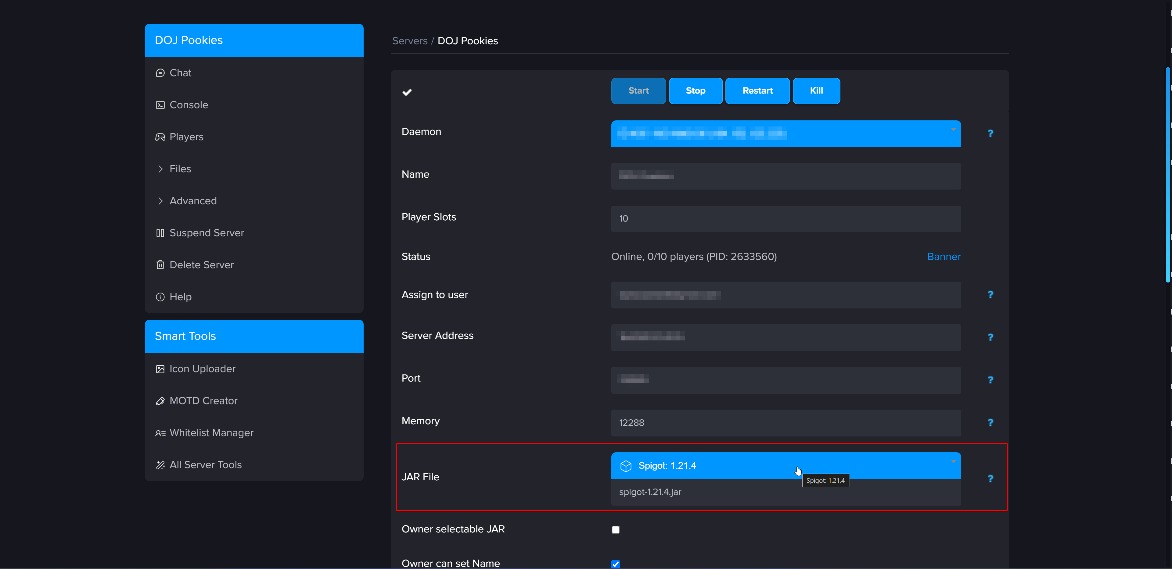 Multicraft JAR file dropdown with Spigot 1.21.4 selected