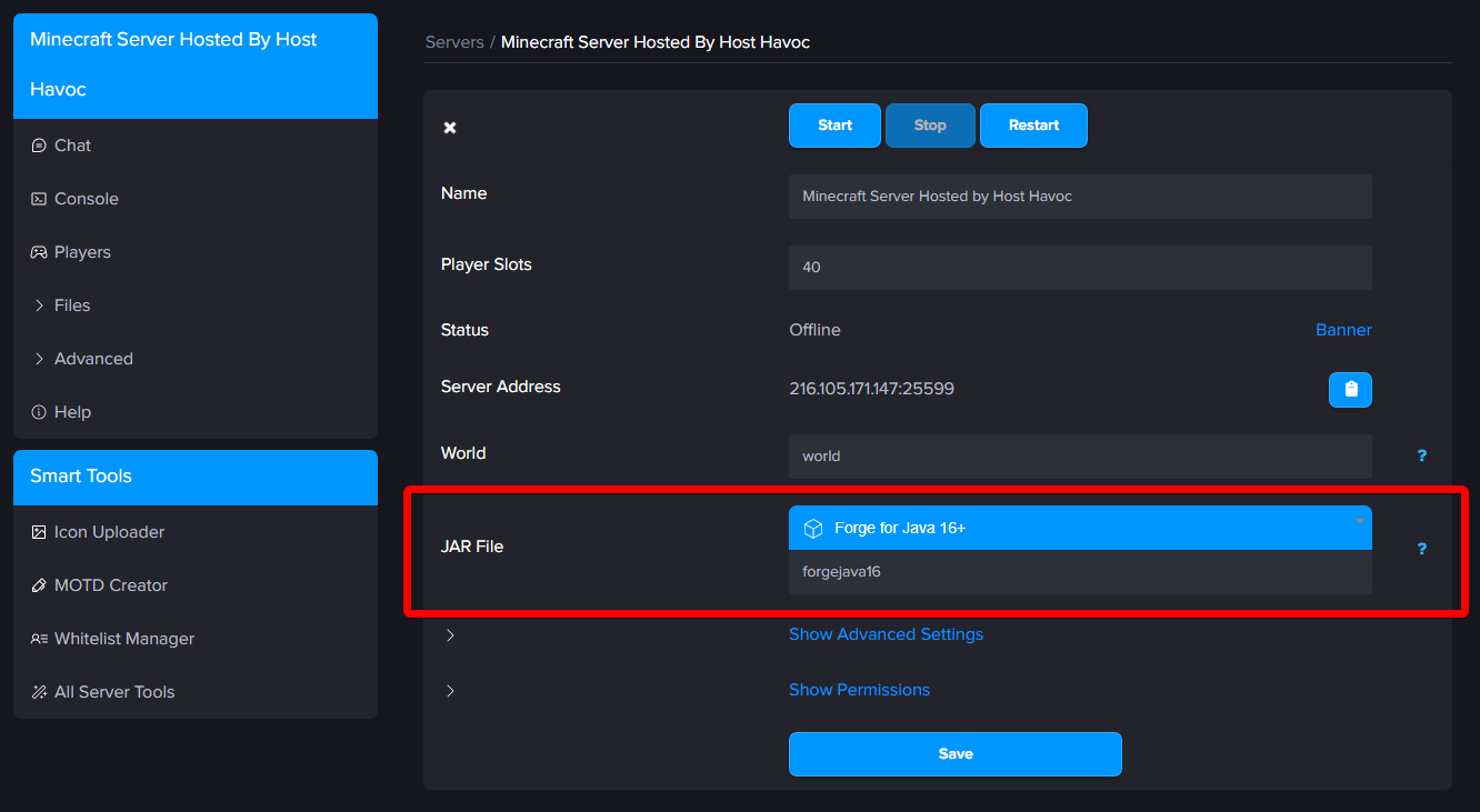 Multicraft JAR File dropdown with Forge for Java 16+ selected