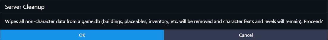 Conan Exiles Server Cleanup confirmation popup showing data to be wiped