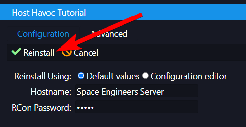 Reinstall confirmation dialog with Default values option selected