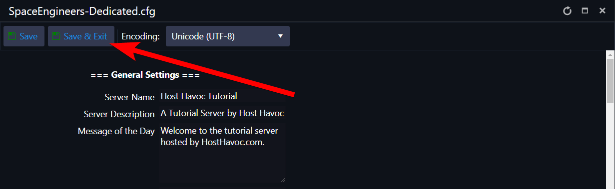 Botão Save and Exit no Config Editor