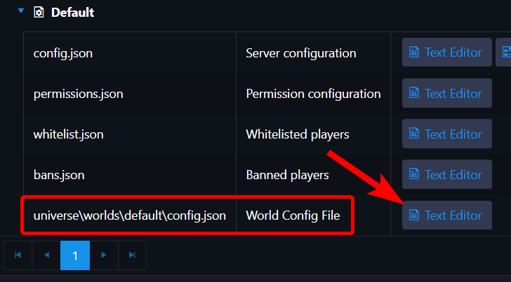 Pagina Configuration Files met het wereldconfiguratiebestand in de lijst