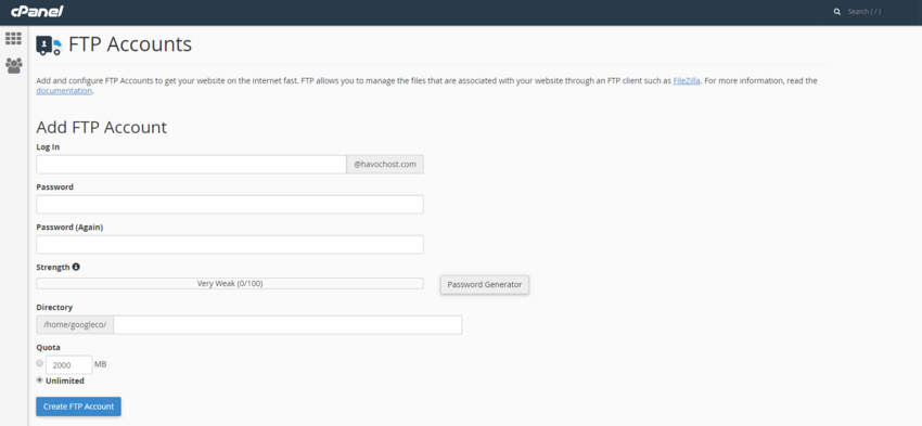 Creating a new cPanel FTP account