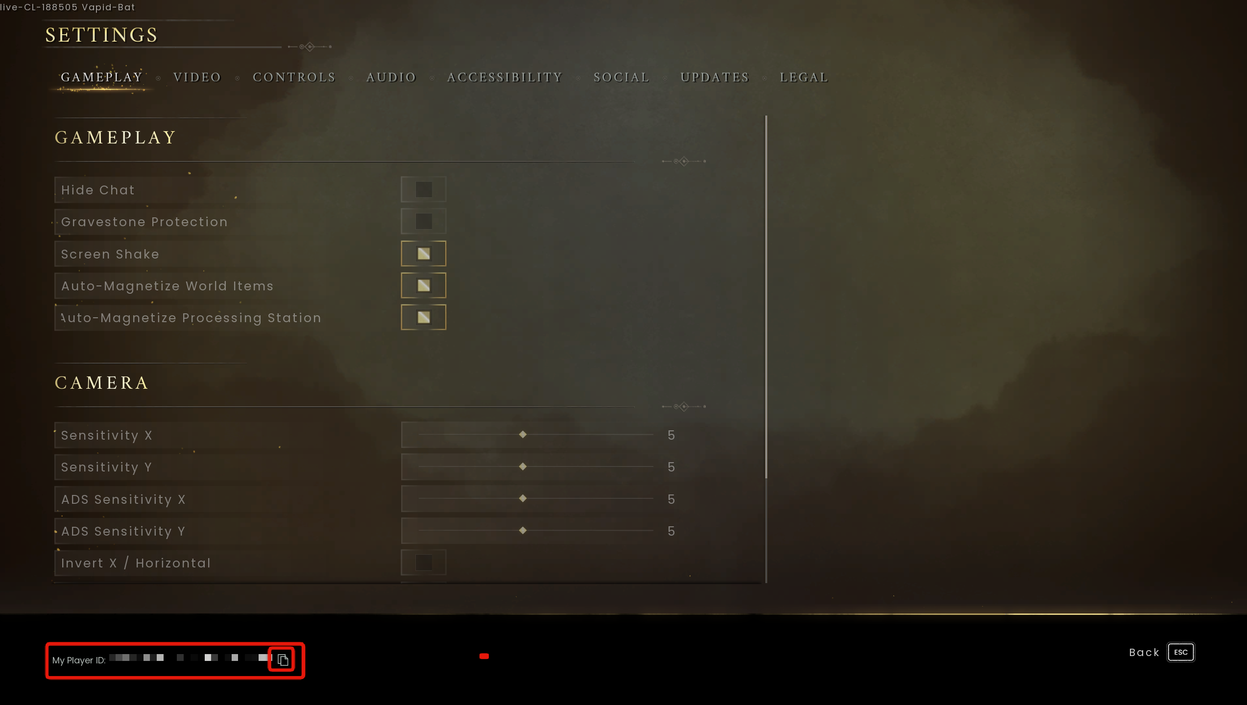 My Player ID shown in the bottom-left corner of the Settings screen with copy icon