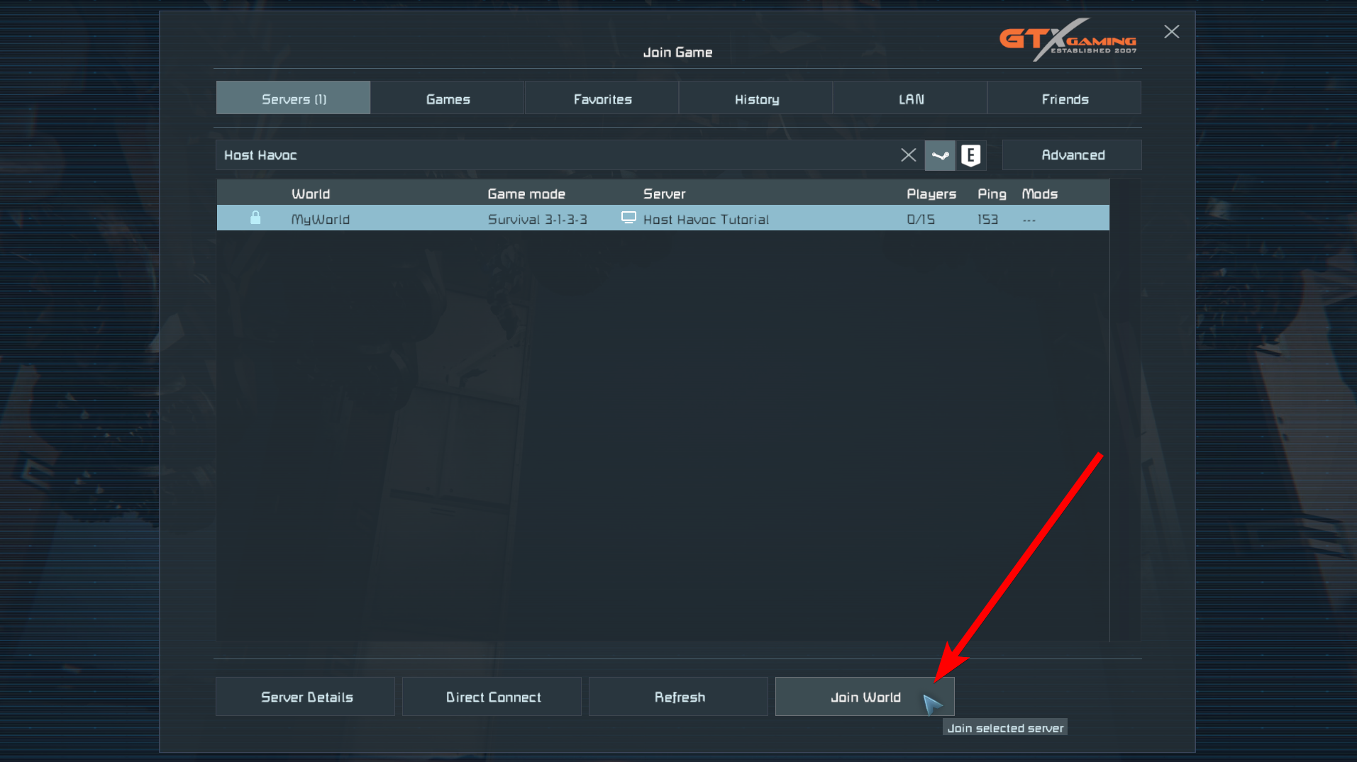 Servidor selecionado na lista com o botão Join World visível