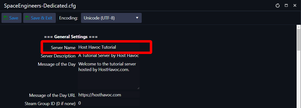 Campo Server Name destacado no Config Editor