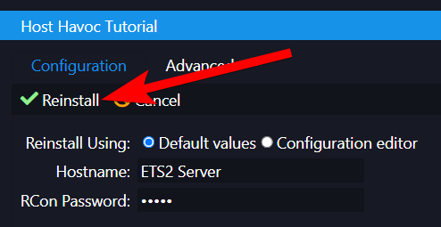 Reinstall confirmation dialog with Default values selected