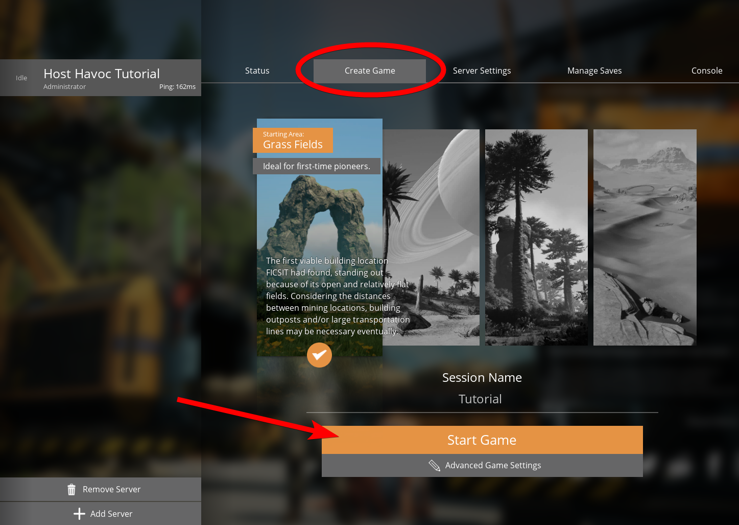Create Game tab showing Starting Area and Session Name fields