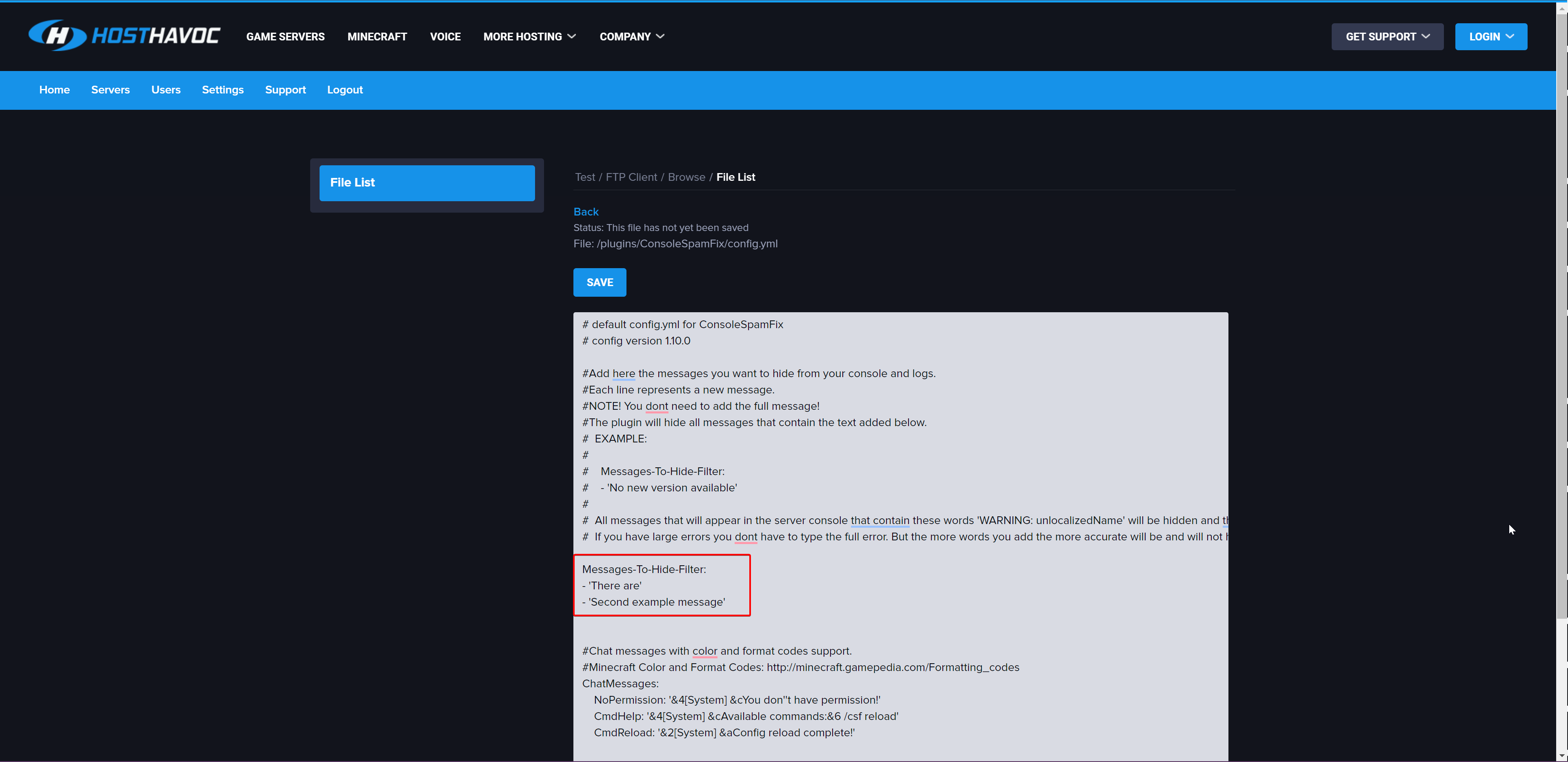 ConsoleSpamFix Config.yml open in the Multicraft file editor showing the Messages-To-Hide-Filter section with the There are entry added