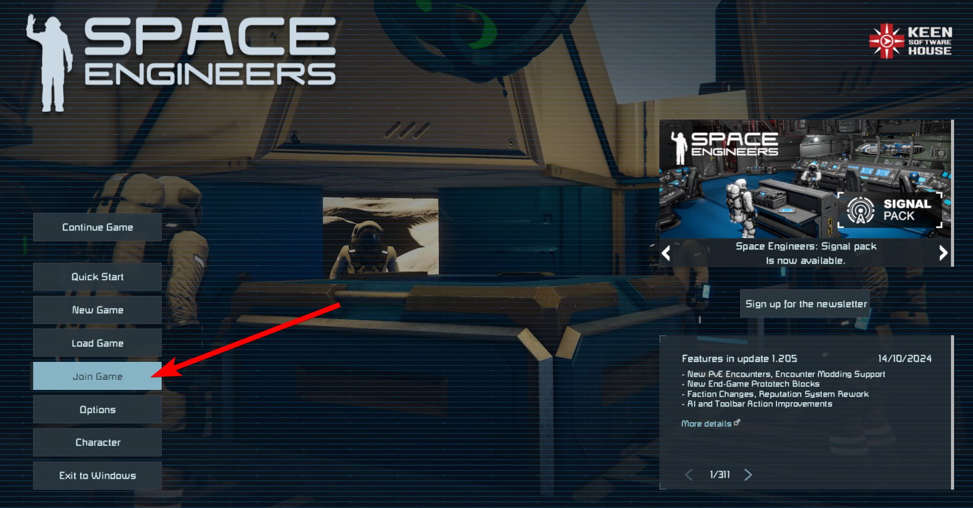 Menu principal do Space Engineers com o botão Join Game