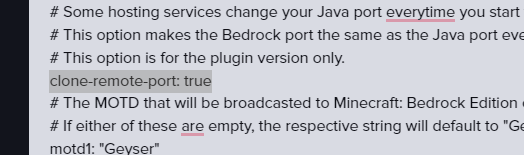 Geyser config.yml showing clone-remote-port set to true