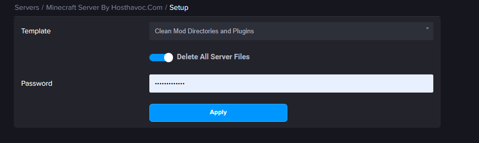 Delete All Server Files option enabled with Password field and Apply button