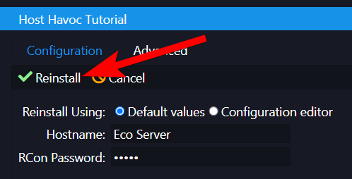Reinstall confirmation screen with the Reinstall button and Default values option