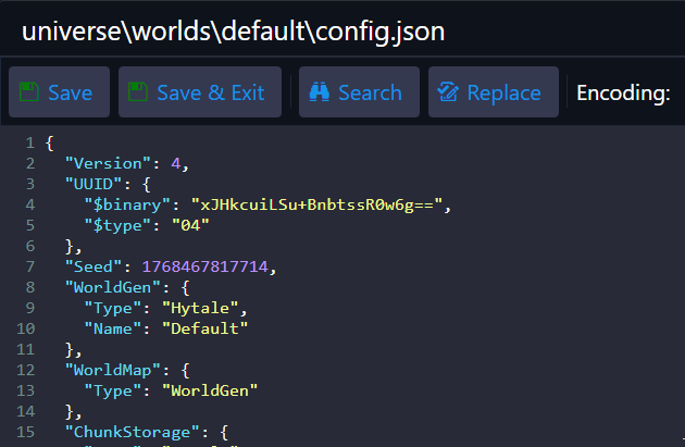 Teksteditor met de GameplayConfig-regel en de cursor op de positie voor een nieuwe regel