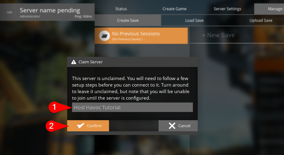 Popup prompting for a server name with Confirm button