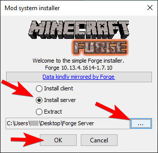 Forge installer showing Install server option selected with folder path and OK button