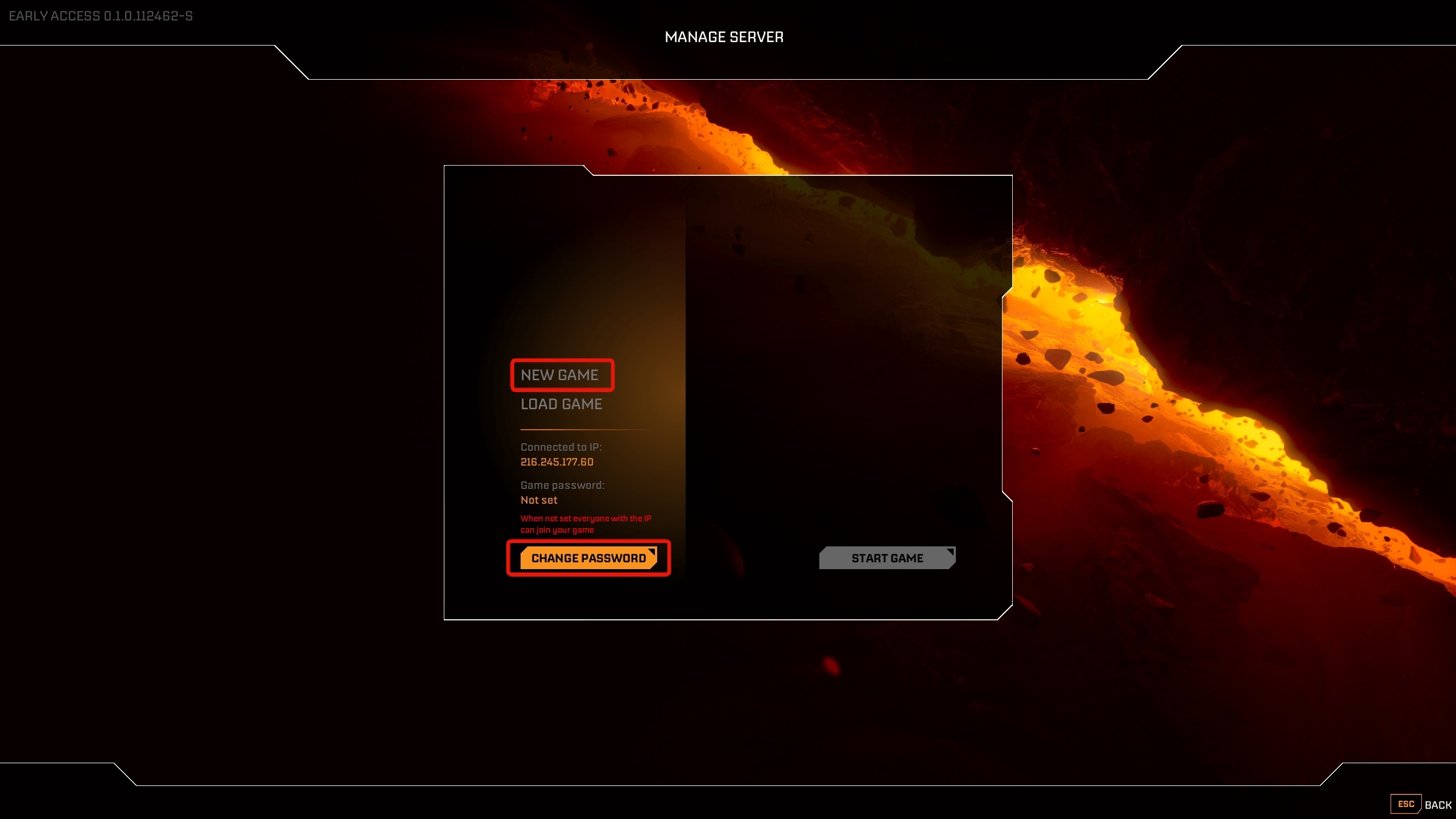 StarRupture new game or load game selection screen with server password option